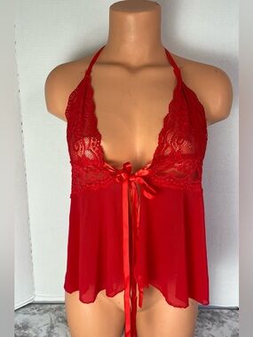 Boohoo Red Lace Halter Babydoll Lingerie with Satin Tie